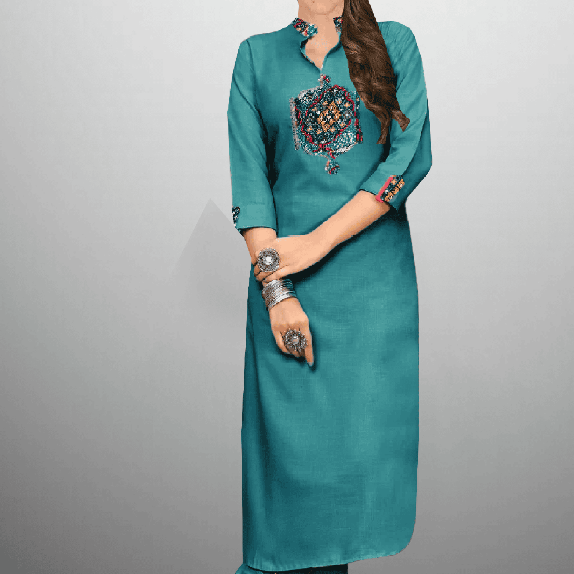 Women's Teal blue kurti set with printed patch work on it-RWKS001