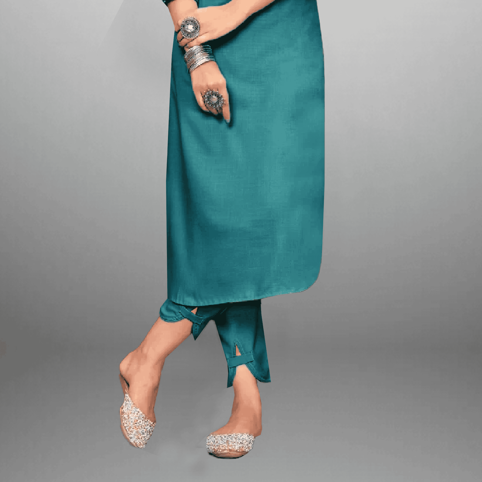 Women's Teal blue kurti set with printed patch work on it-RWKS001
