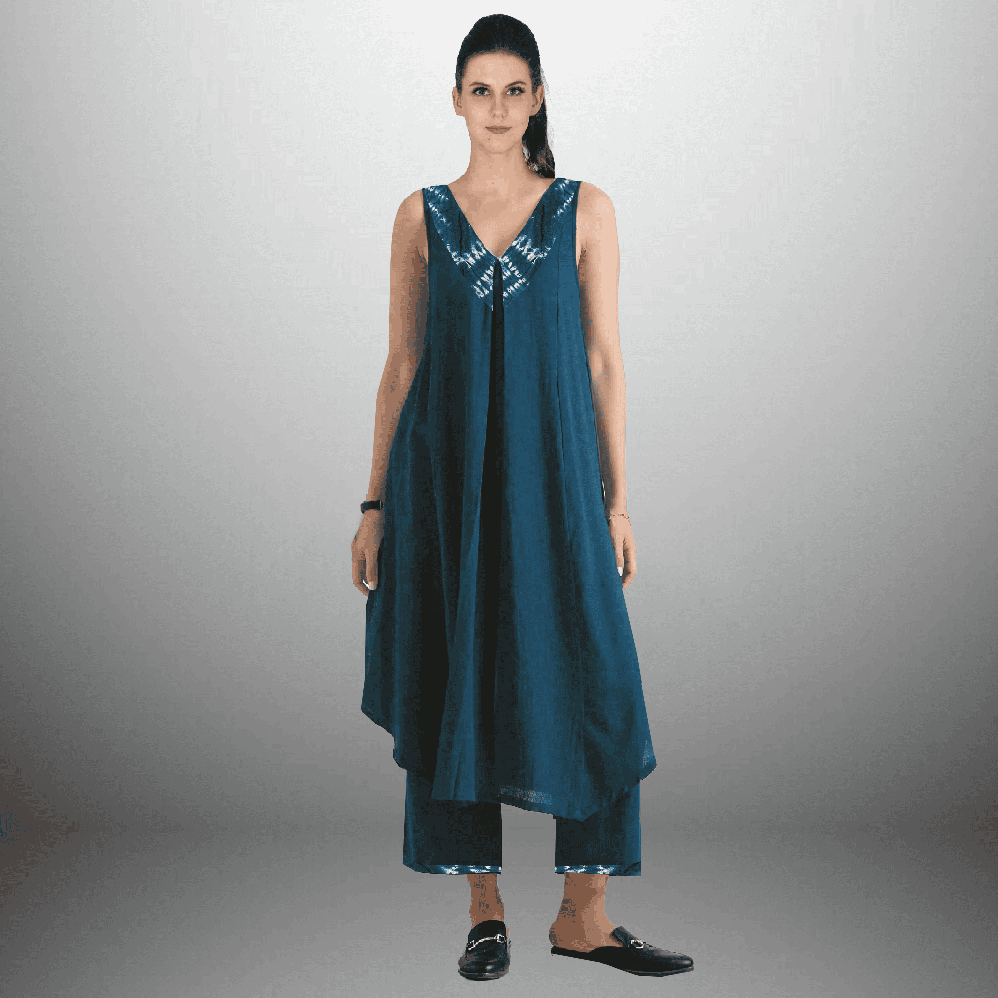 Women's A line kurti with tie & dye  peter pan collar-RWKS002