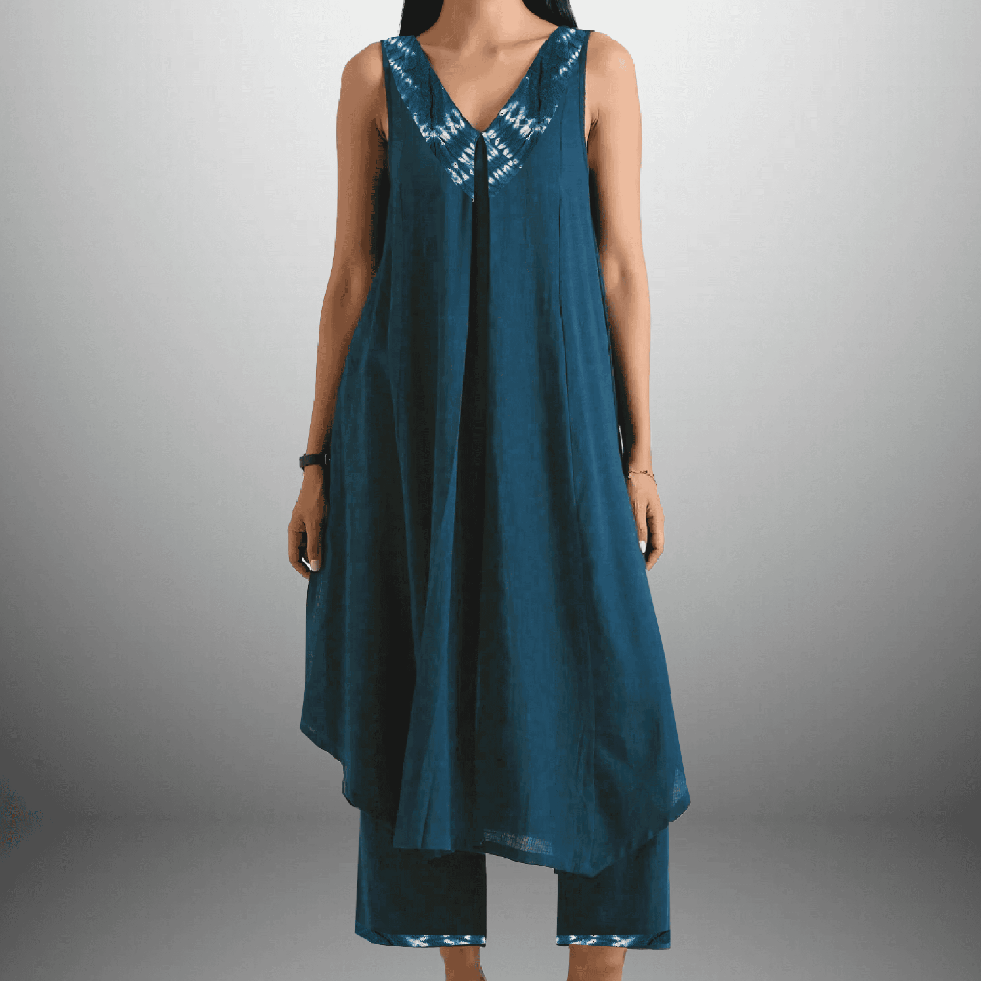Women's A line kurti with tie & dye  peter pan collar-RWKS002