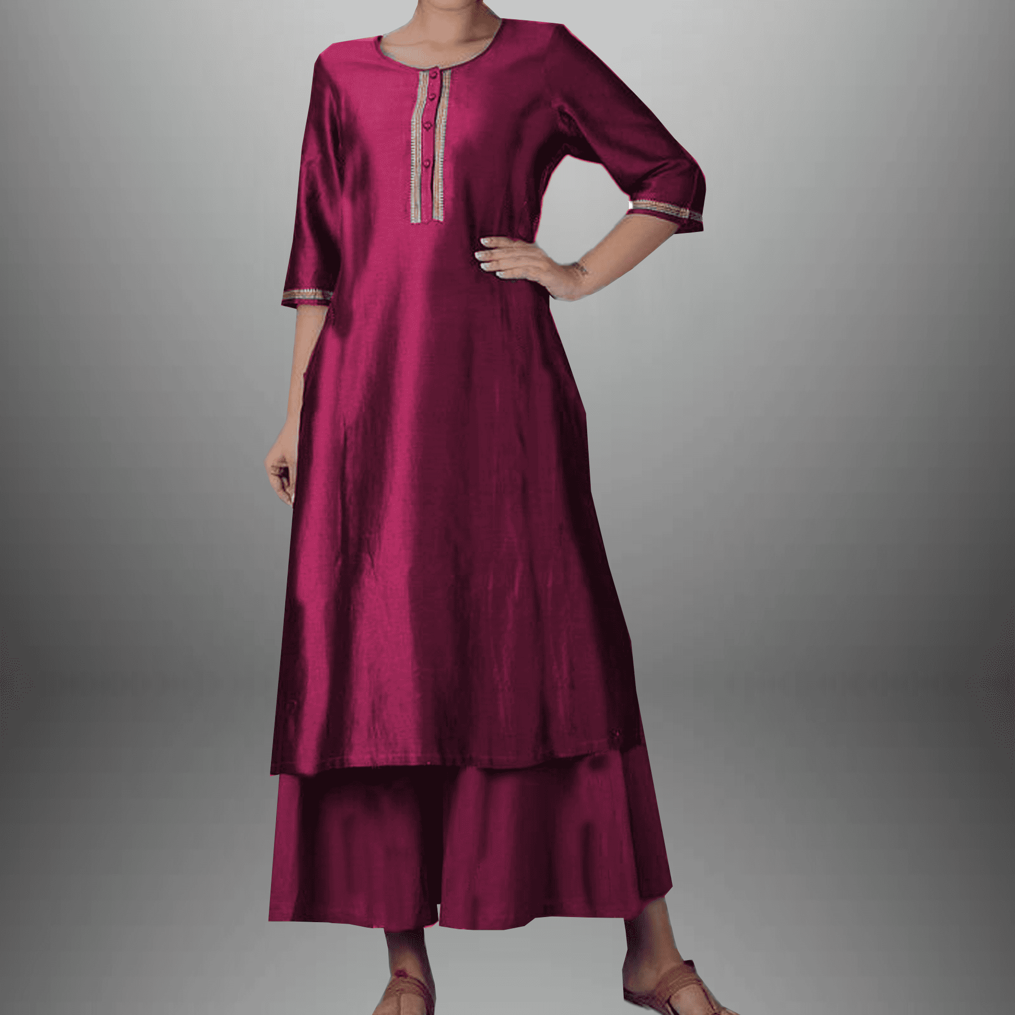 Women's Wine-Red 3/4th sleeve kurti with flared Palazzo-RWKS027