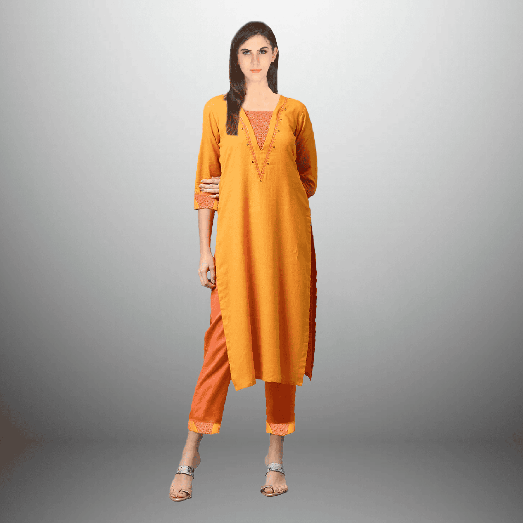 Women's patched yellow and orange kurti set-RWKS007