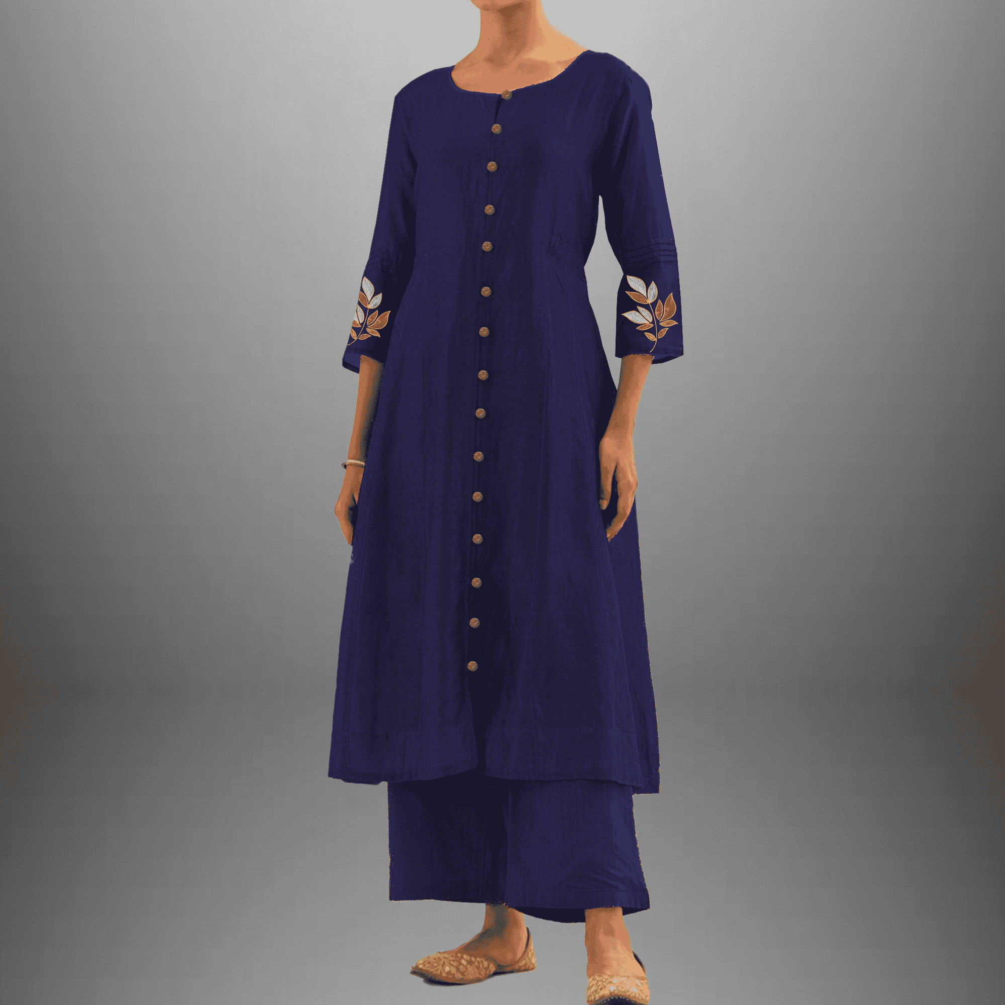 Women's  Cotton silk Blue kurti set with  embroidery on sleeve-RWKS015