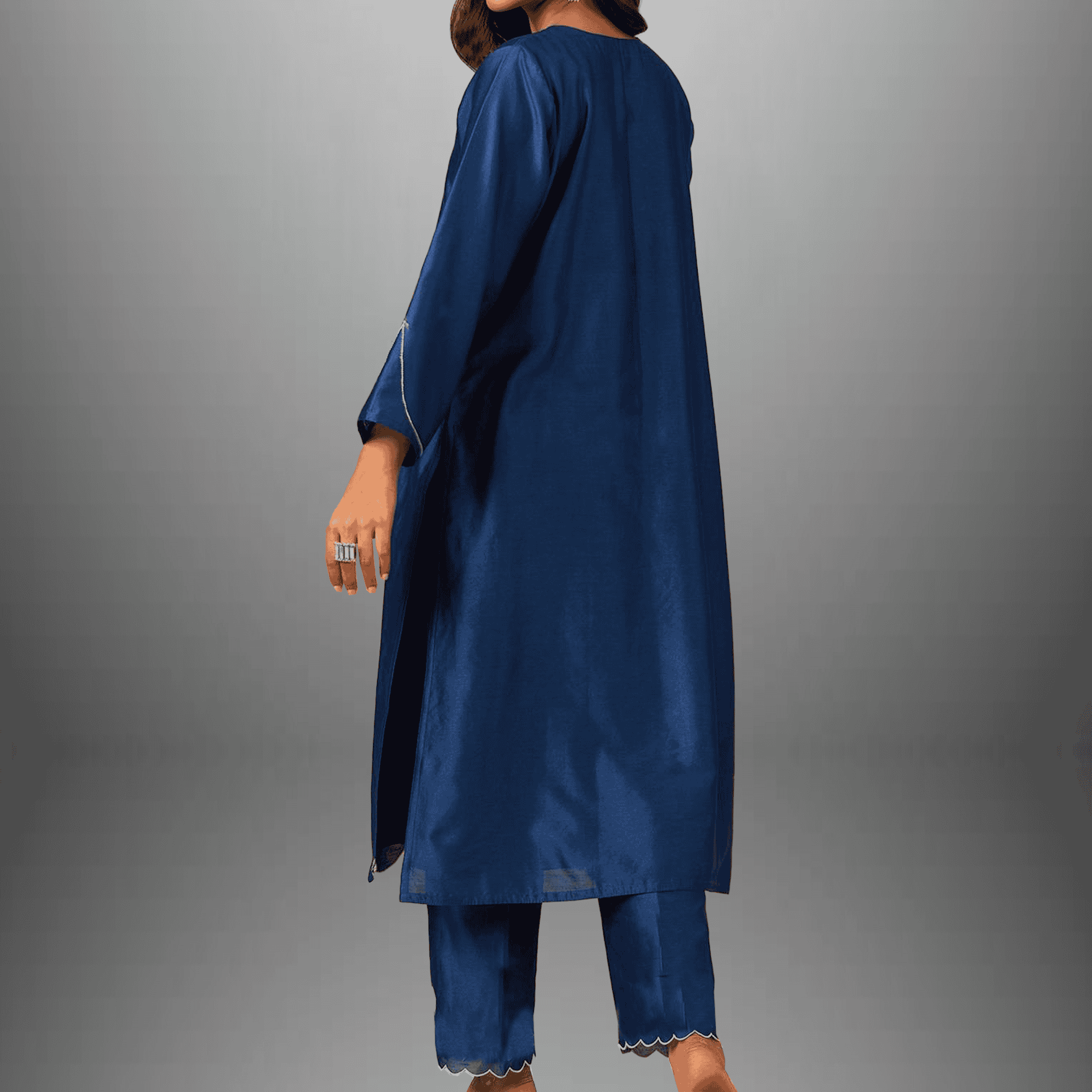 Women's  Cotton silk Blue kurti set with  embroidery on sleeve-RWKS015