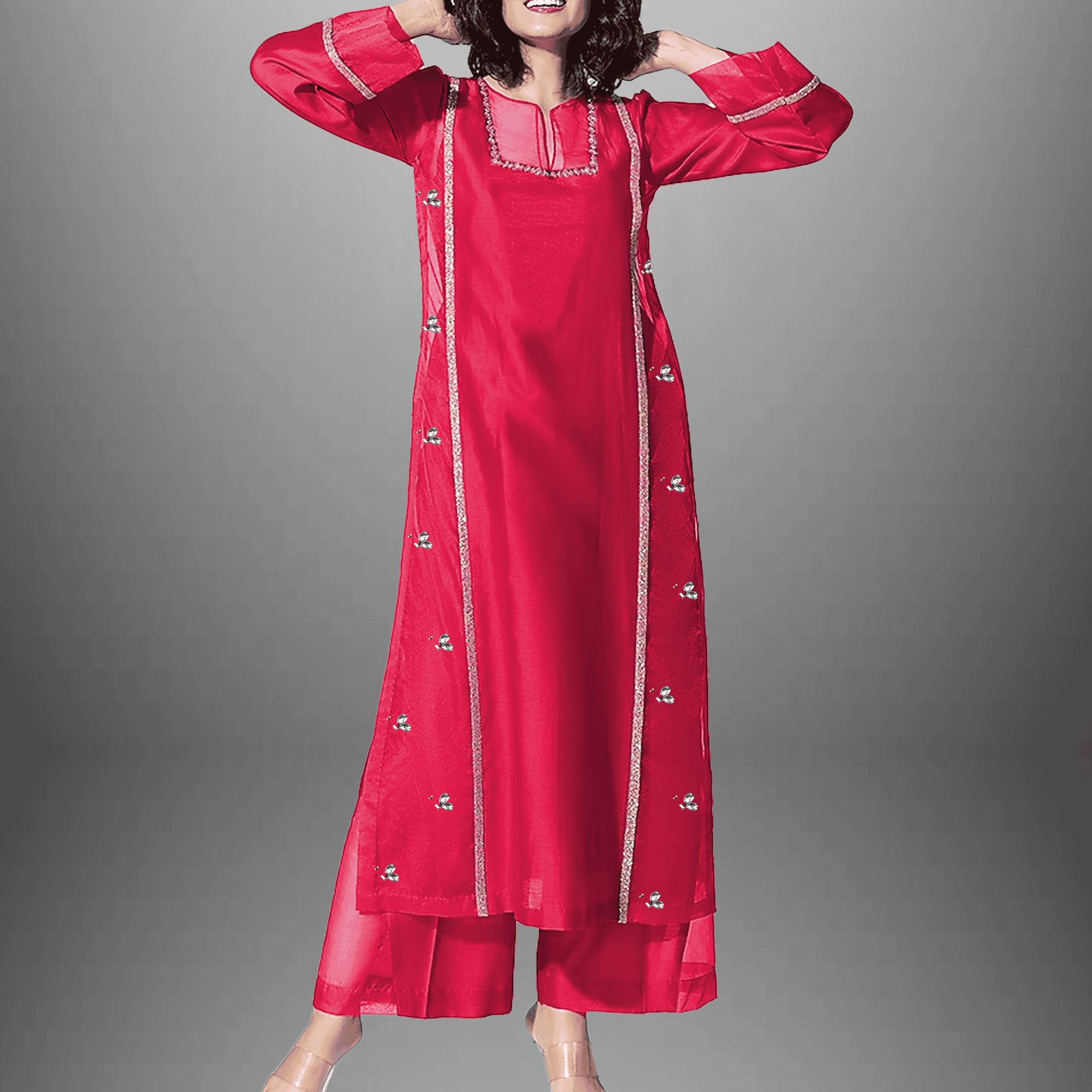 Women's Cherry red Organza full sleeve kurti set with silver lace and kundan work-RWKS008