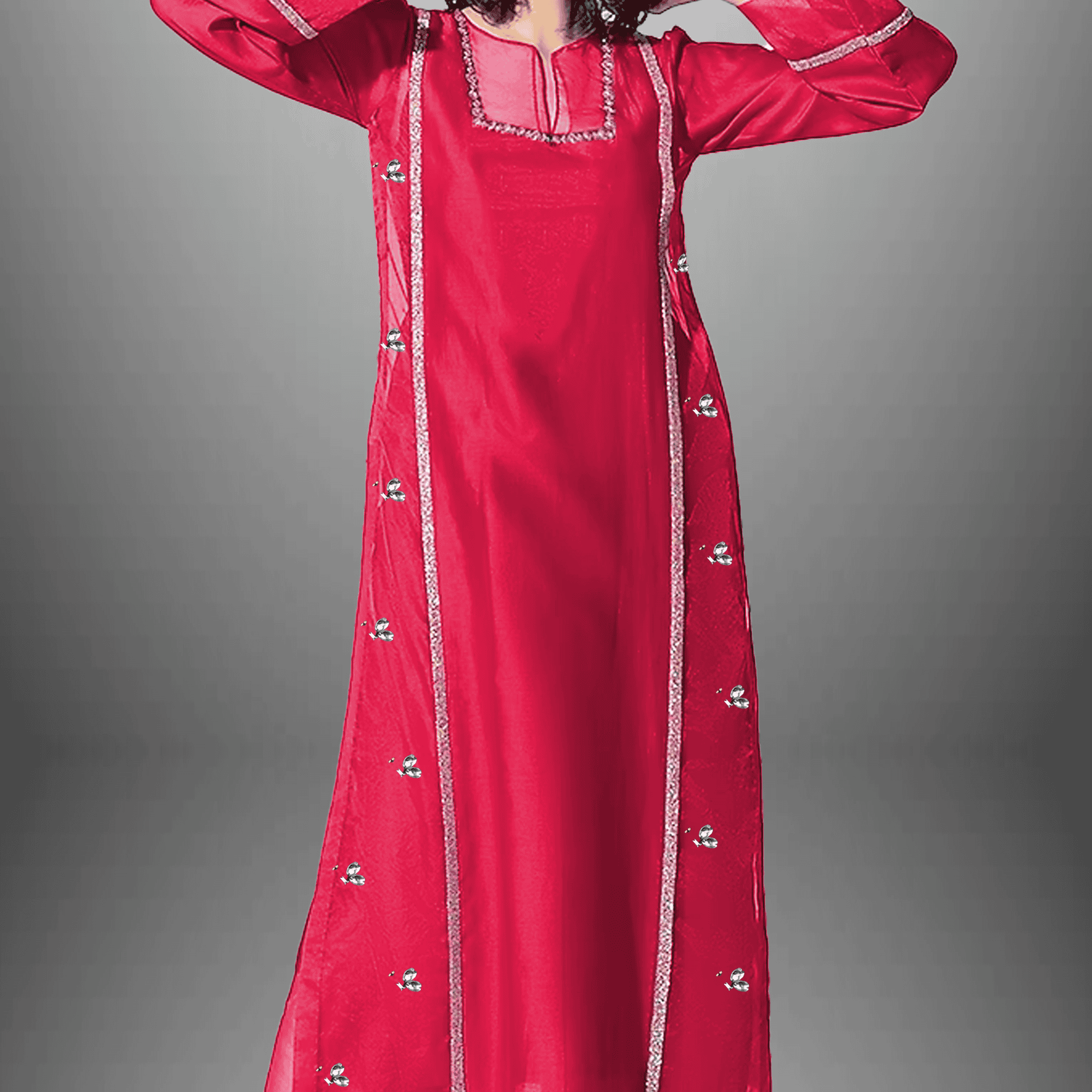 Women's Cherry red Organza full sleeve kurti set with silver lace and kundan work-RWKS008