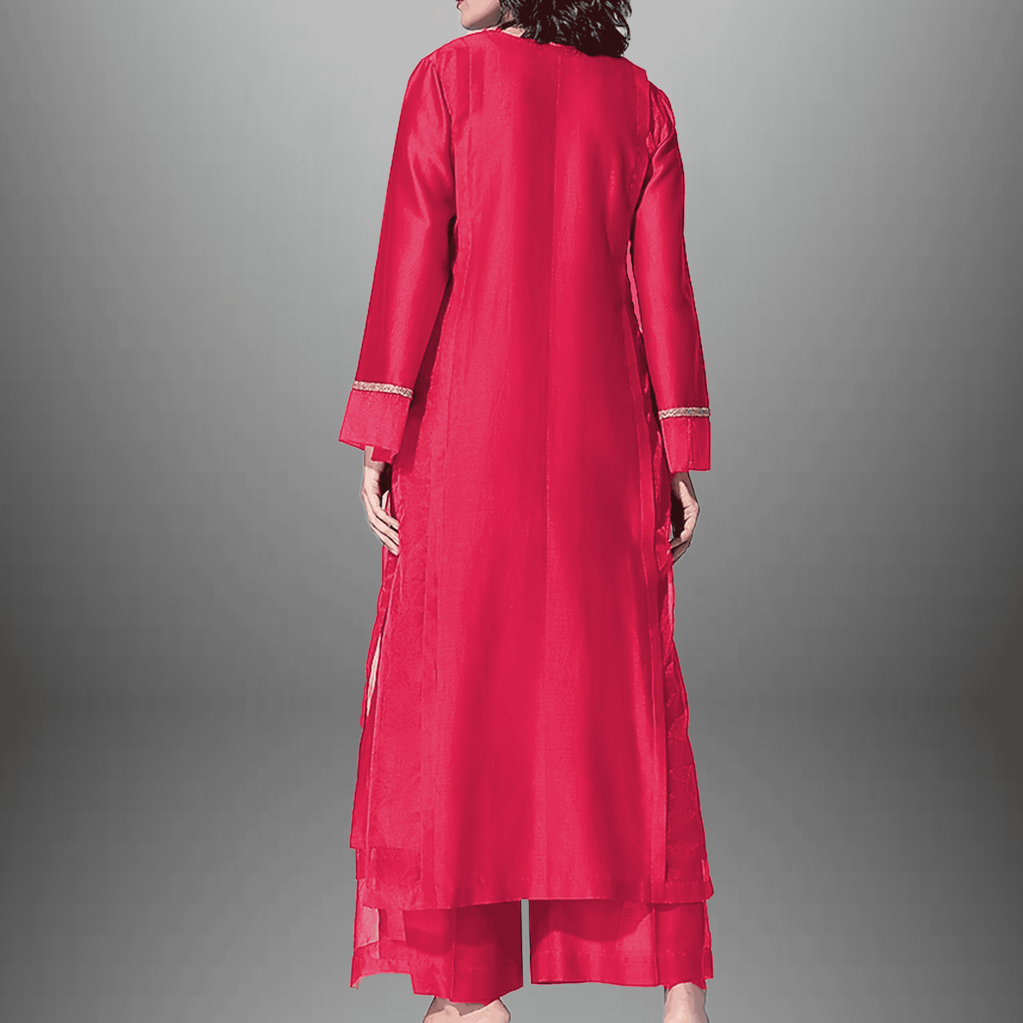 Women's Cherry red Organza full sleeve kurti set with silver lace and kundan work-RWKS008