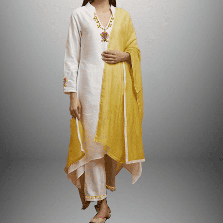 Women's full sleeve off-white embroidered Salwar kurti with yellow dupatta-RWKS023