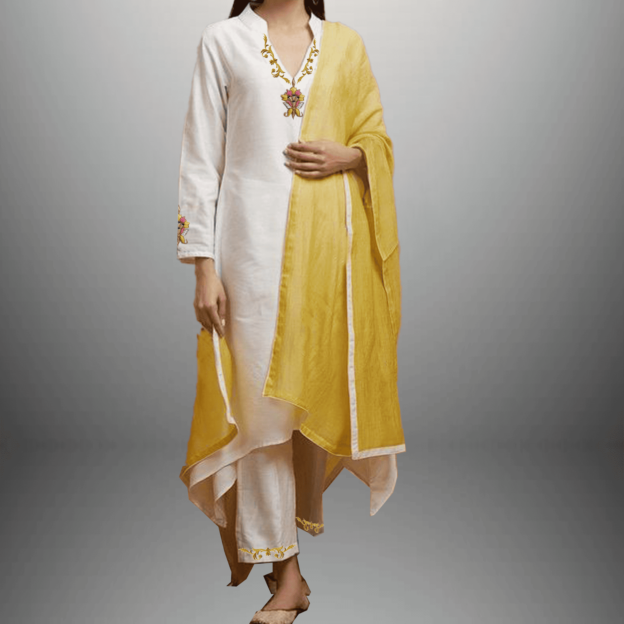 Women's full sleeve off-white embroidered Salwar kurti with yellow dupatta-RWKS023
