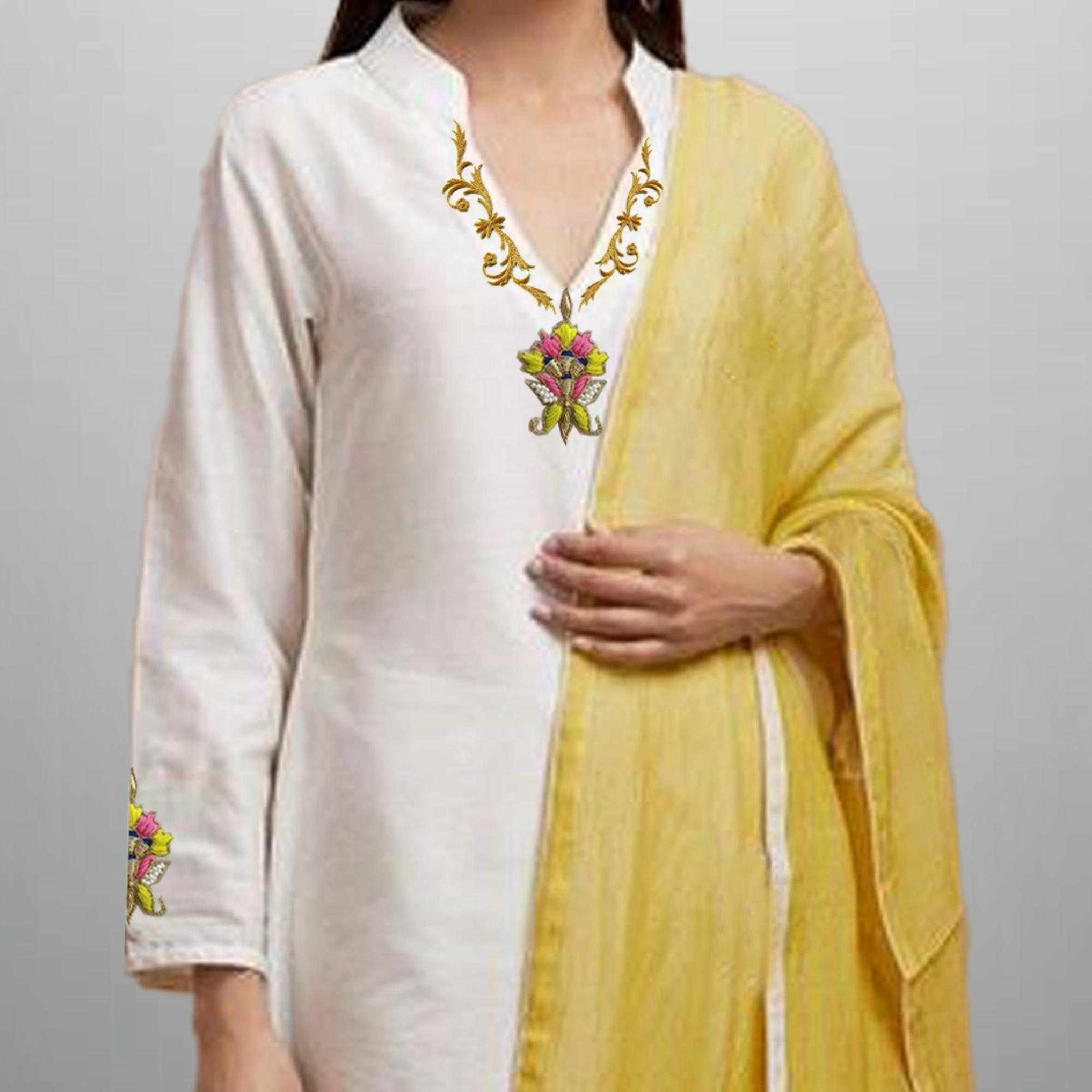 Women's full sleeve off-white embroidered Salwar kurti with yellow dupatta-RWKS023