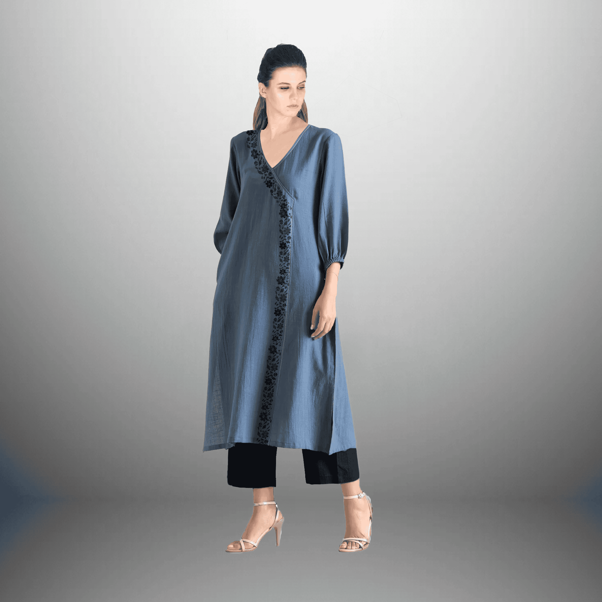 Women's Rayon Horizon blue color overlapped Kurti and black pant with floral embroidery -RWKS005