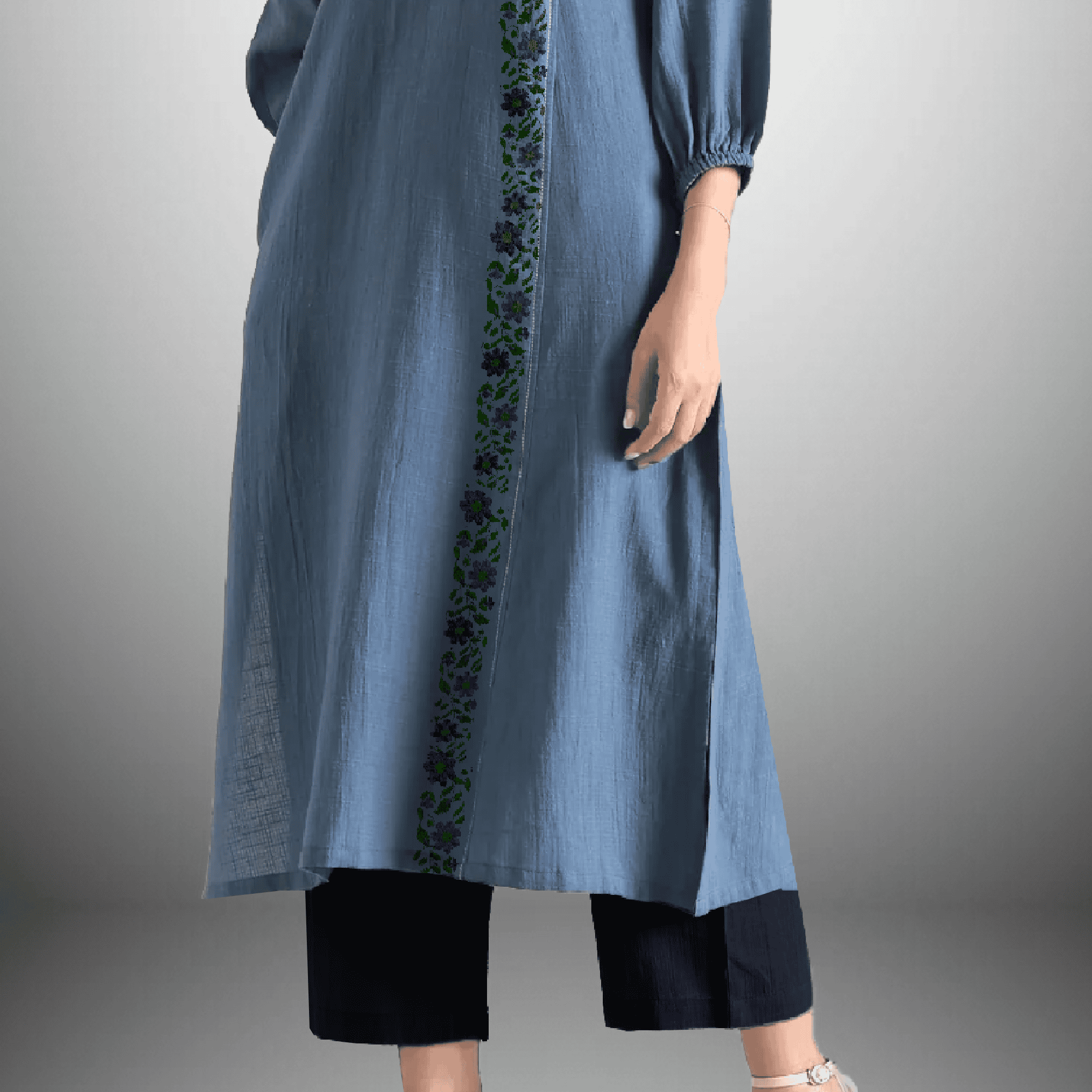 Women's Rayon Horizon blue color overlapped Kurti and black pant with floral embroidery -RWKS005