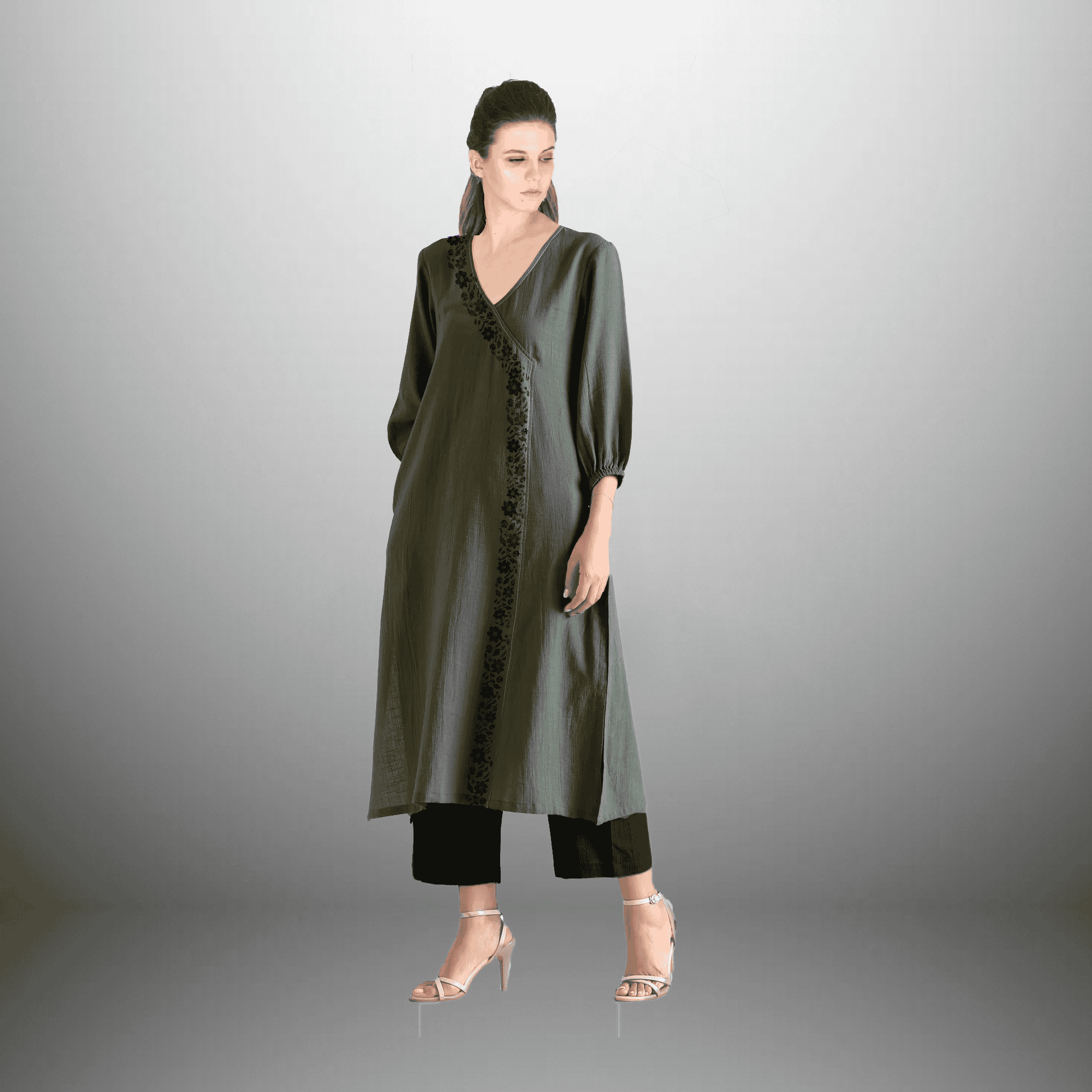 Women's Rayon Pine Green color overlapped Kurti and Black pant with floral embroidery-RWKS004