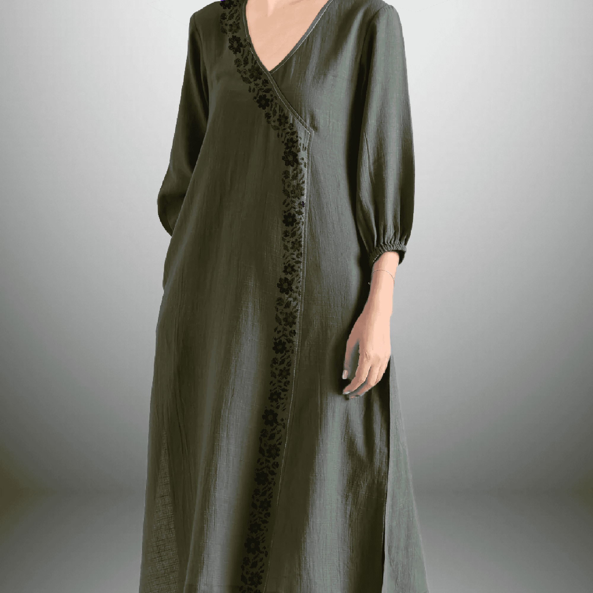 Women's Rayon Pine Green color overlapped Kurti and Black pant with floral embroidery-RWKS004