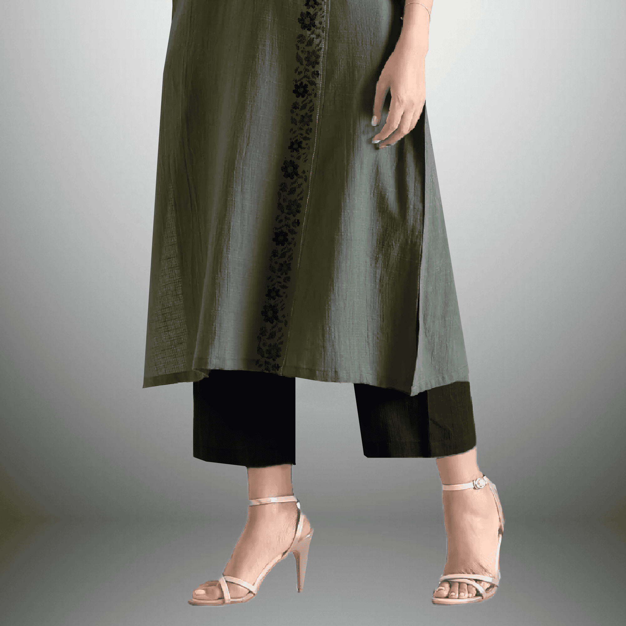 Women's Rayon Pine Green color overlapped Kurti and Black pant with floral embroidery-RWKS004