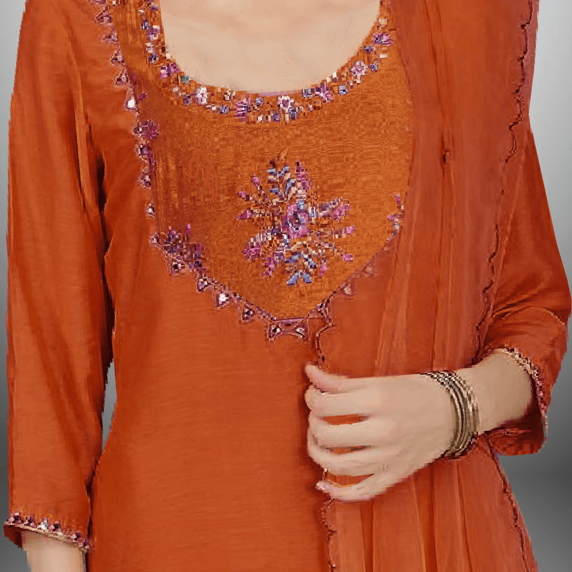 Women's Organza 3/4th sleeve Orange kurti set with embroidery work on it-RWKS003