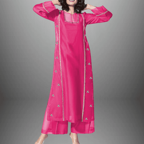 Women's pink Organza full sleeve kurti set with silver lace and kundan work -RWKS009