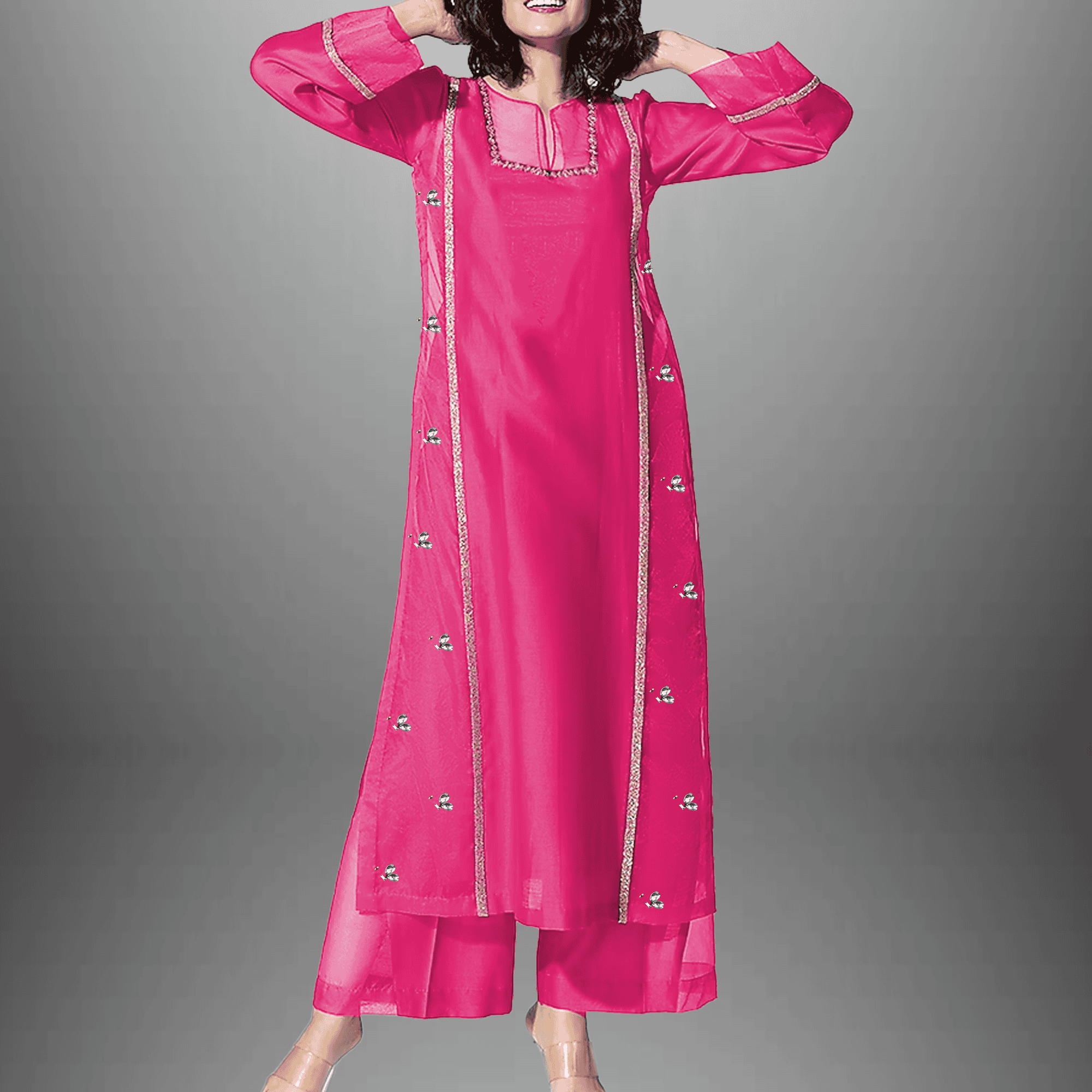 Women's pink Organza full sleeve kurti set with silver lace and kundan work -RWKS009