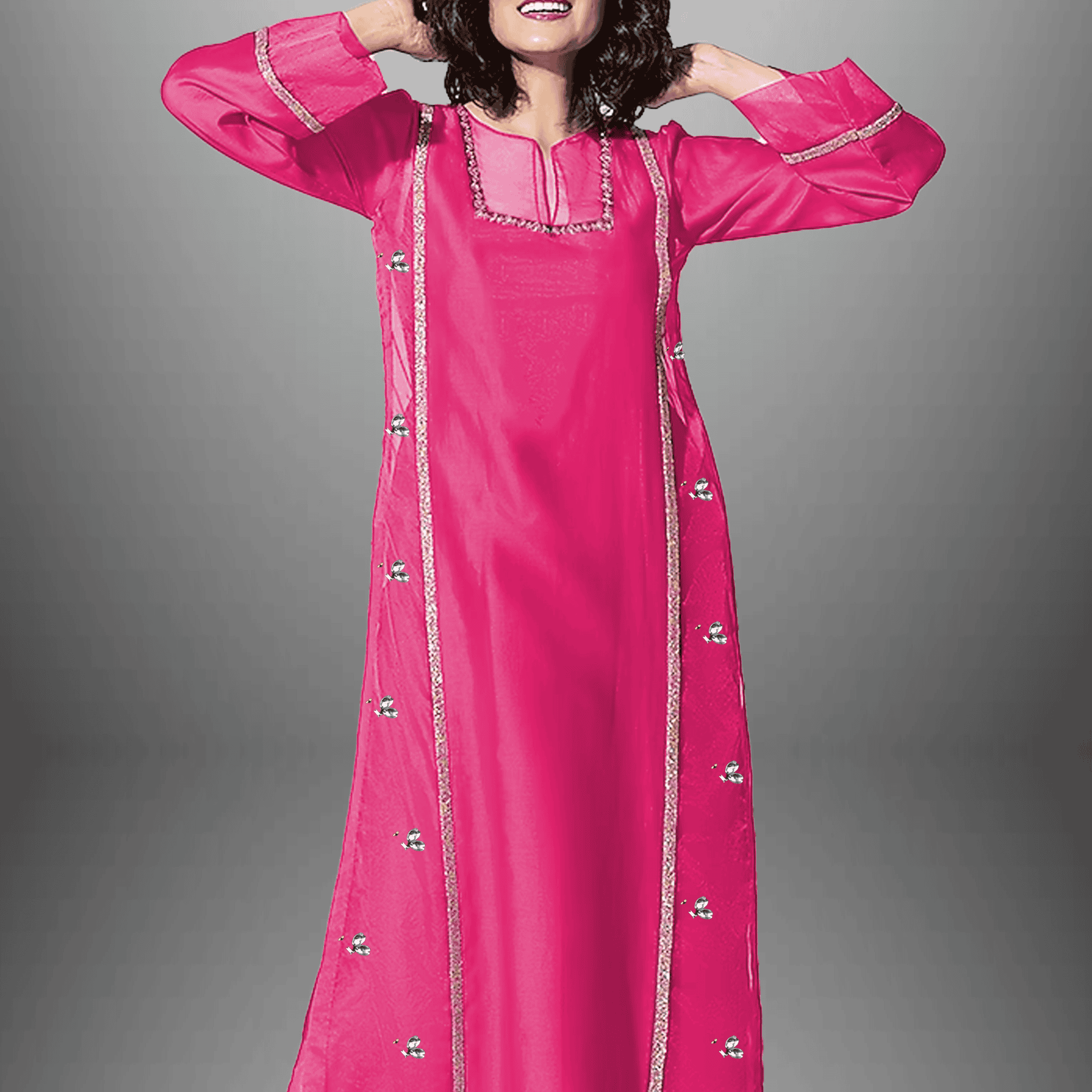 Women's pink Organza full sleeve kurti set with silver lace and kundan work -RWKS009