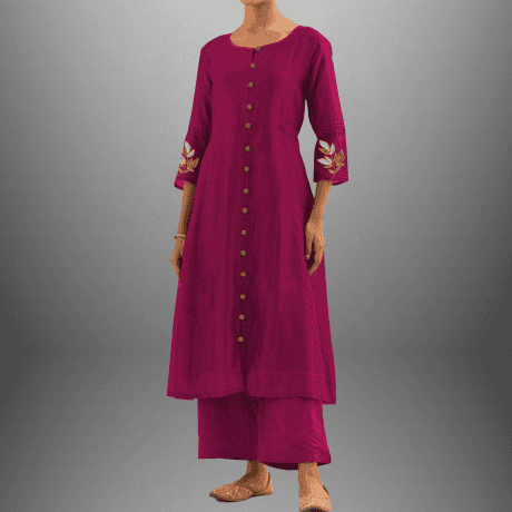 Women's Cotton silk Pink kurti set with embroidery on sleeve-RWKS013