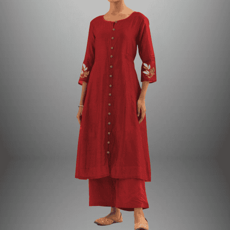 Women's Cotton silk red kurti set with embroidery on sleeve-RWKS014
