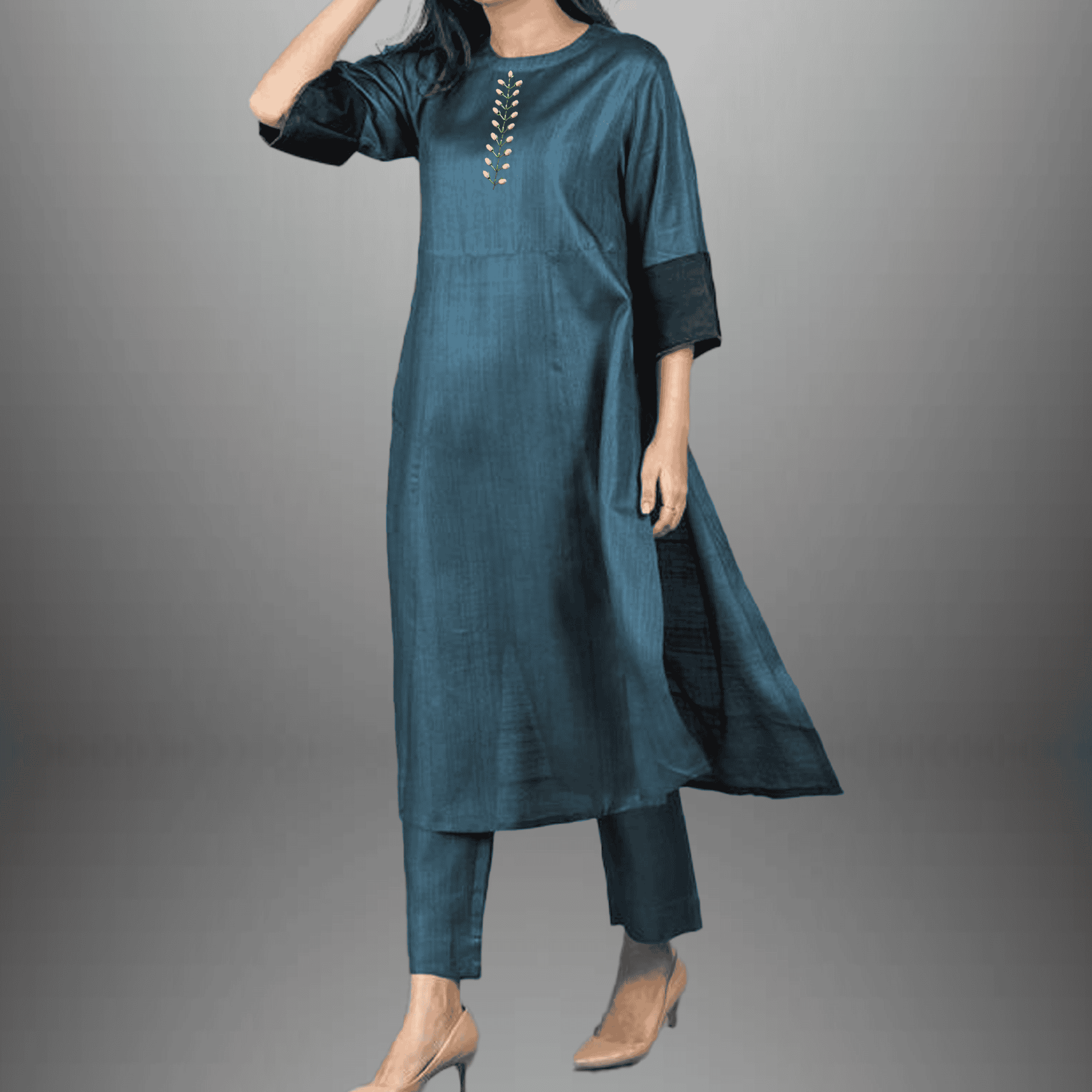 Women's  Cotton silk sea blue  kurti set with  bead embroidery-RWKS011