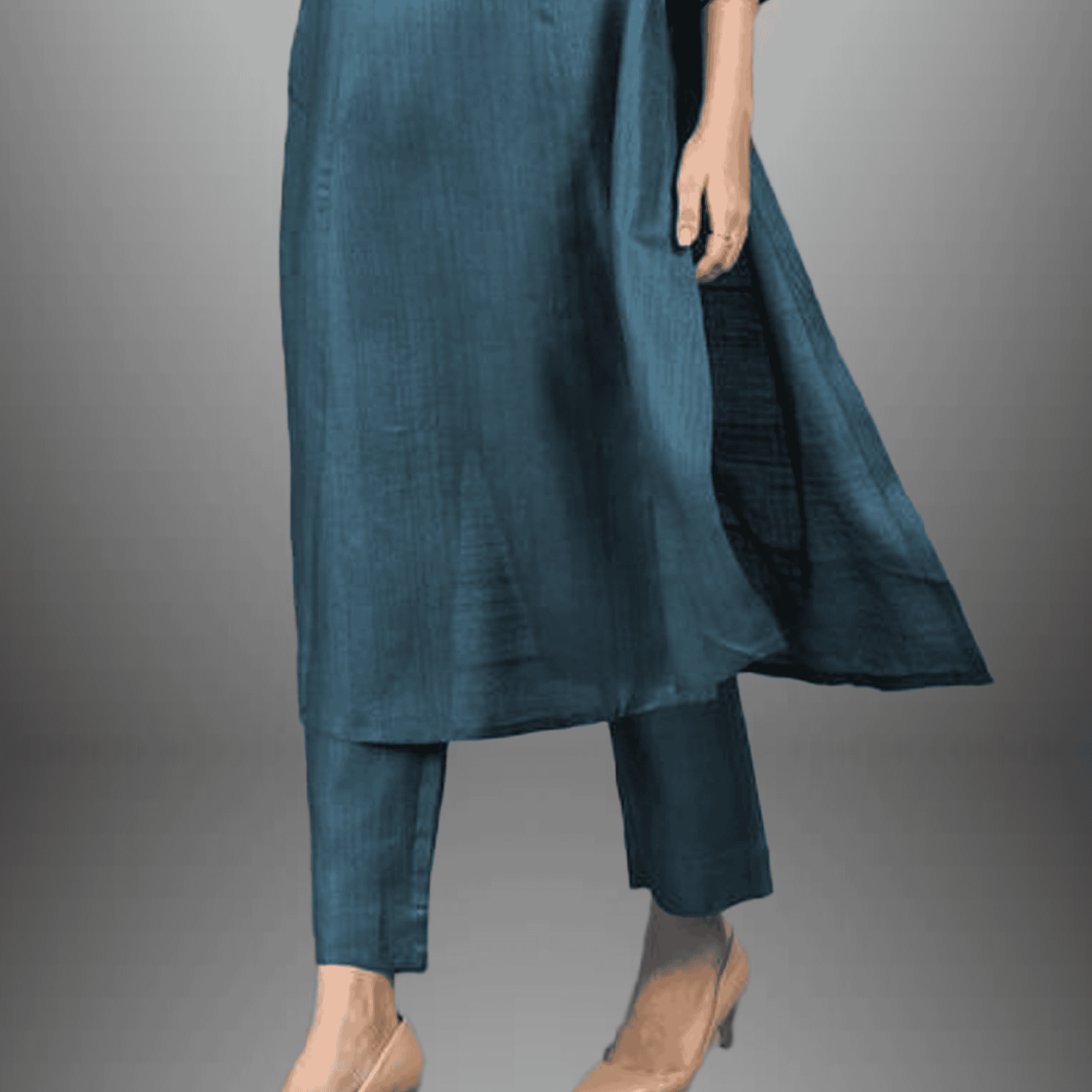 Women's  Cotton silk sea blue  kurti set with  bead embroidery-RWKS011