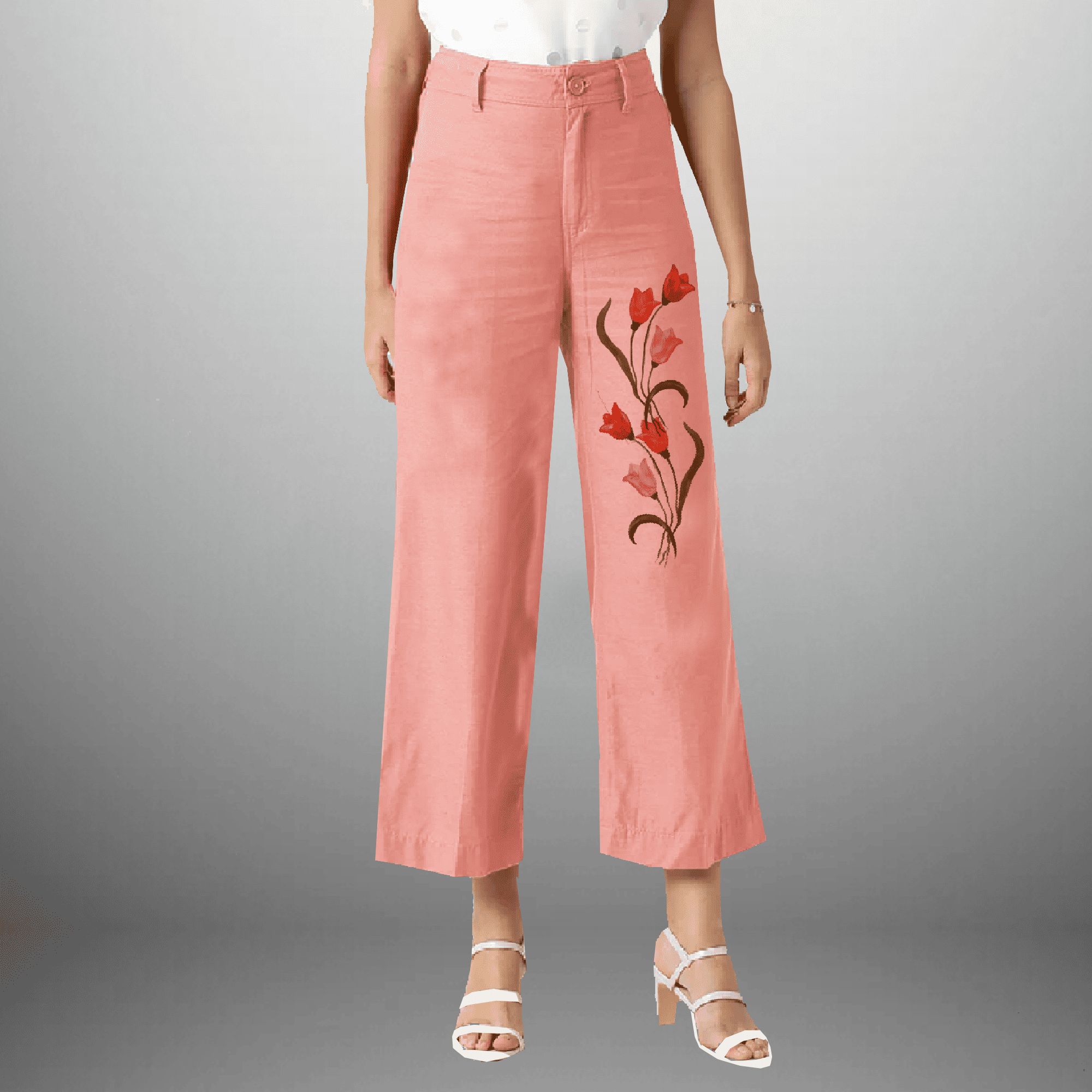 Women's peach pink casual pant with floral motif-RCP028