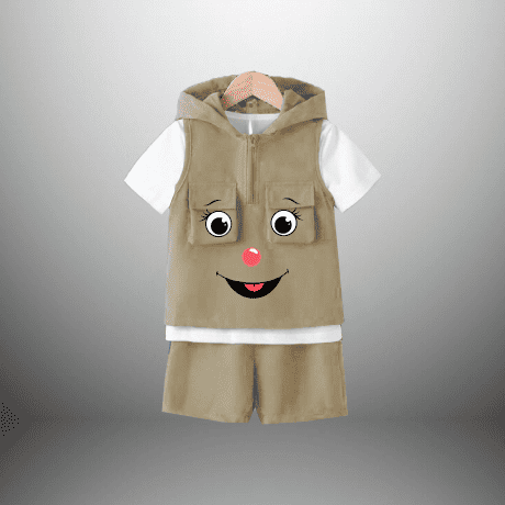 Boy's 3 piece set with white t-shirt, Beige shorts and a sleeveless Hooded jacket-RKFCW492