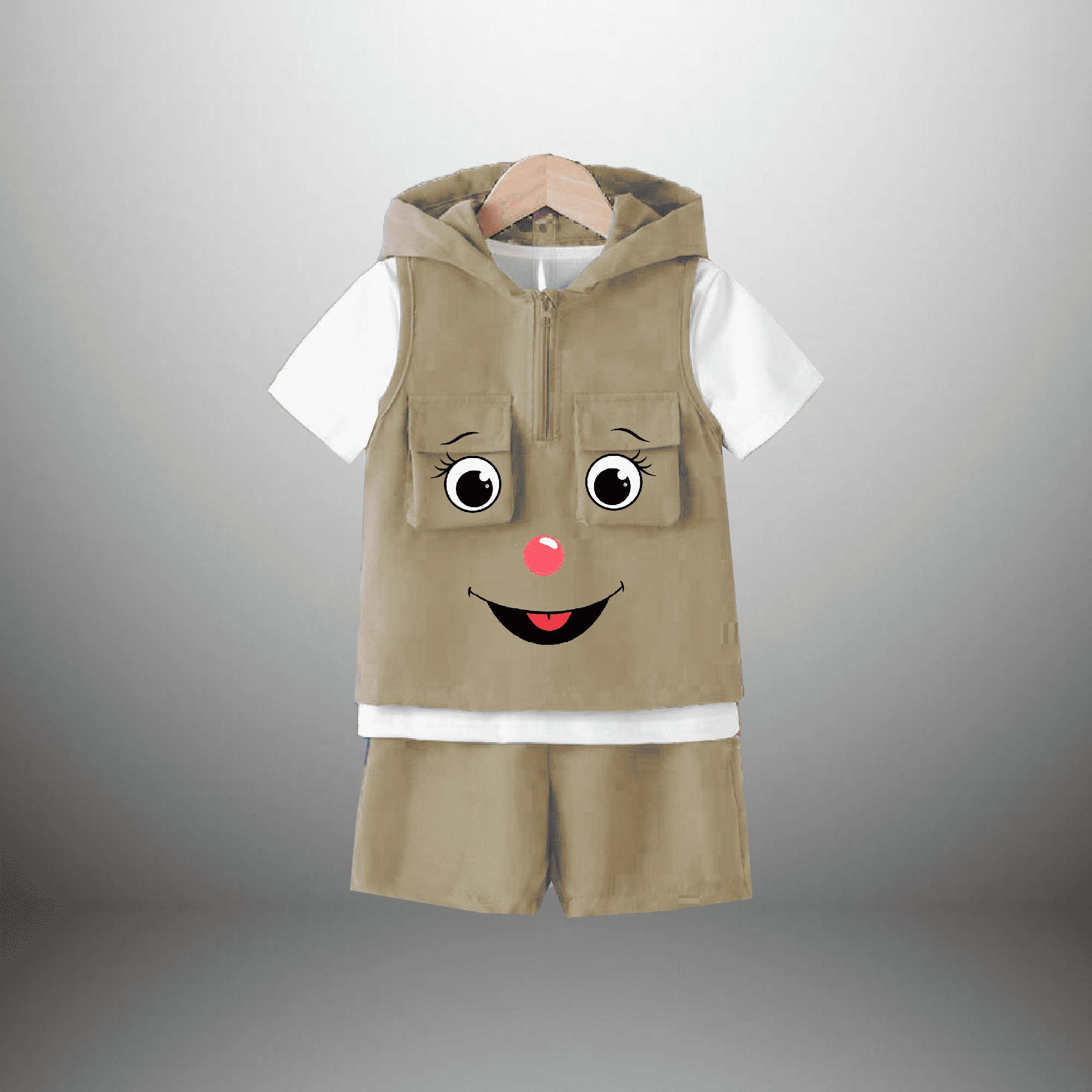 Boy's 3 piece set with white t-shirt, Beige shorts and a sleeveless Hooded jacket-RKFCW492