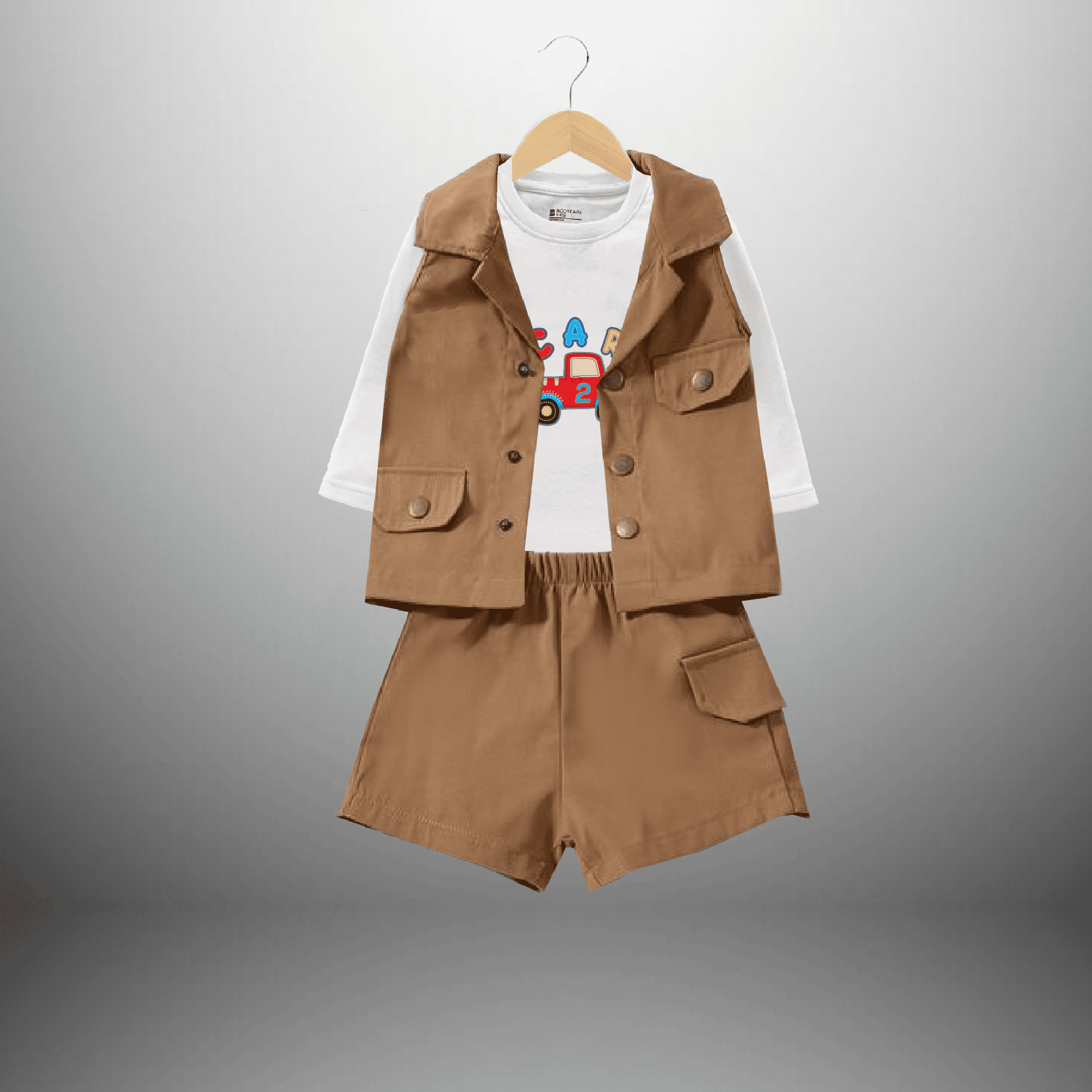 Boy's Tan Brown 3 piece set with white  t-shirt, shorts and a sleeveless jacket-RKFCW487