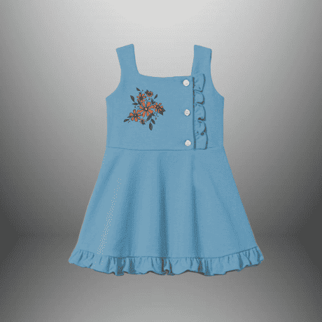 Girl's Aqua blue frock with floral motif-RKFCW479