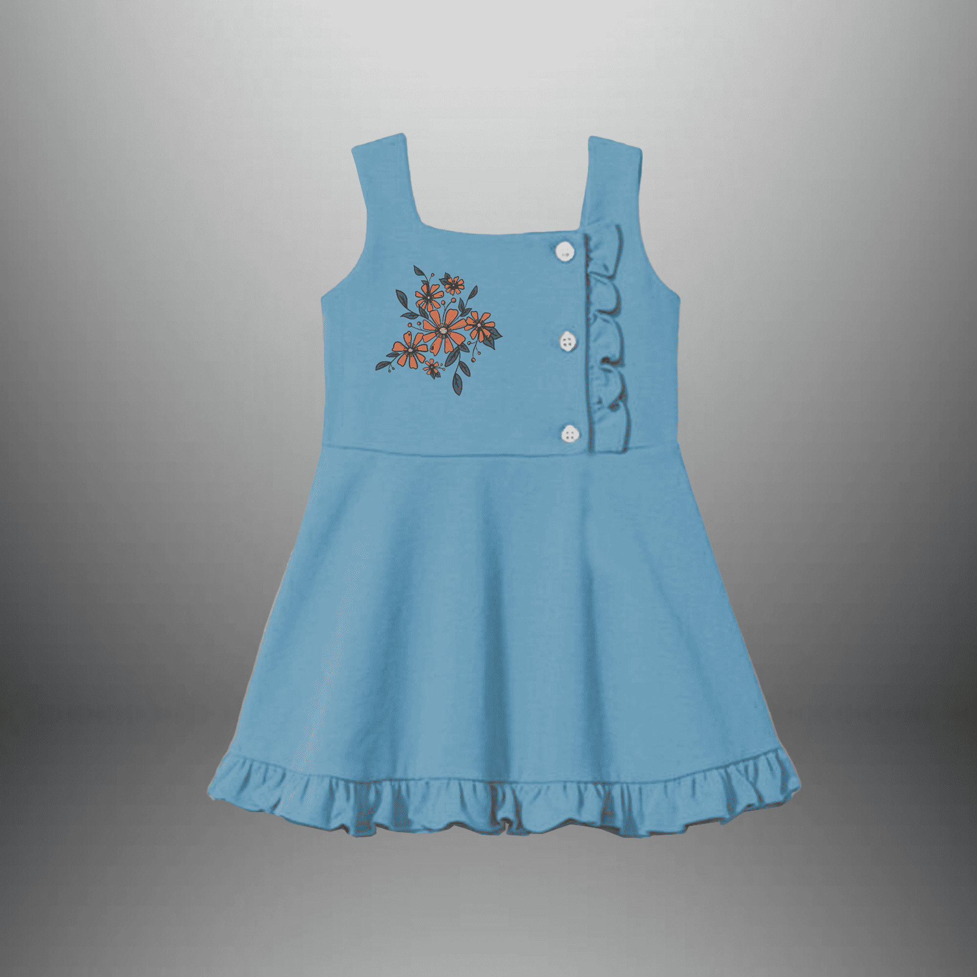 Girl's Aqua blue frock with floral motif-RKFCW479