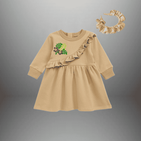 Girl's full sleeve beige color dress with frills and floral motif-RKFCW474