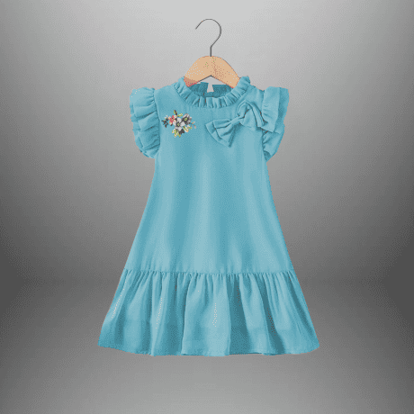 Girl's light blue frilled dress with a side bow-RKFCW476