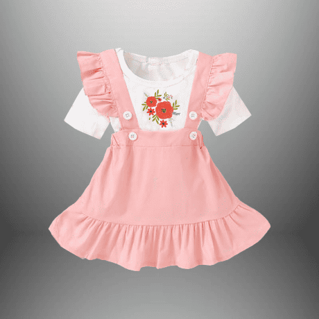 Girl's 2 piece set of Peach Pink pinafore dress with t-shirt-RKFCW483