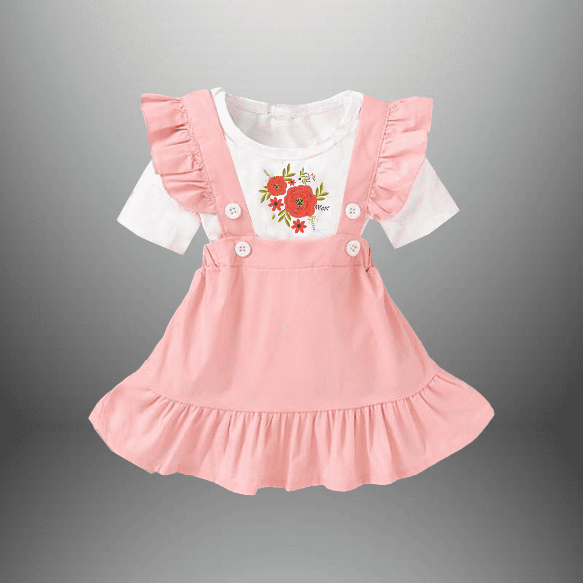 Girl's 2 piece set of Peach Pink pinafore dress with t-shirt-RKFCW483