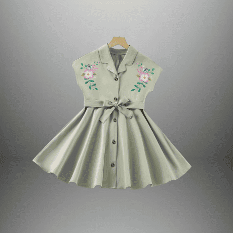 Girl's Sage Green color flared dress with collar and button embellishment-RKFCW472