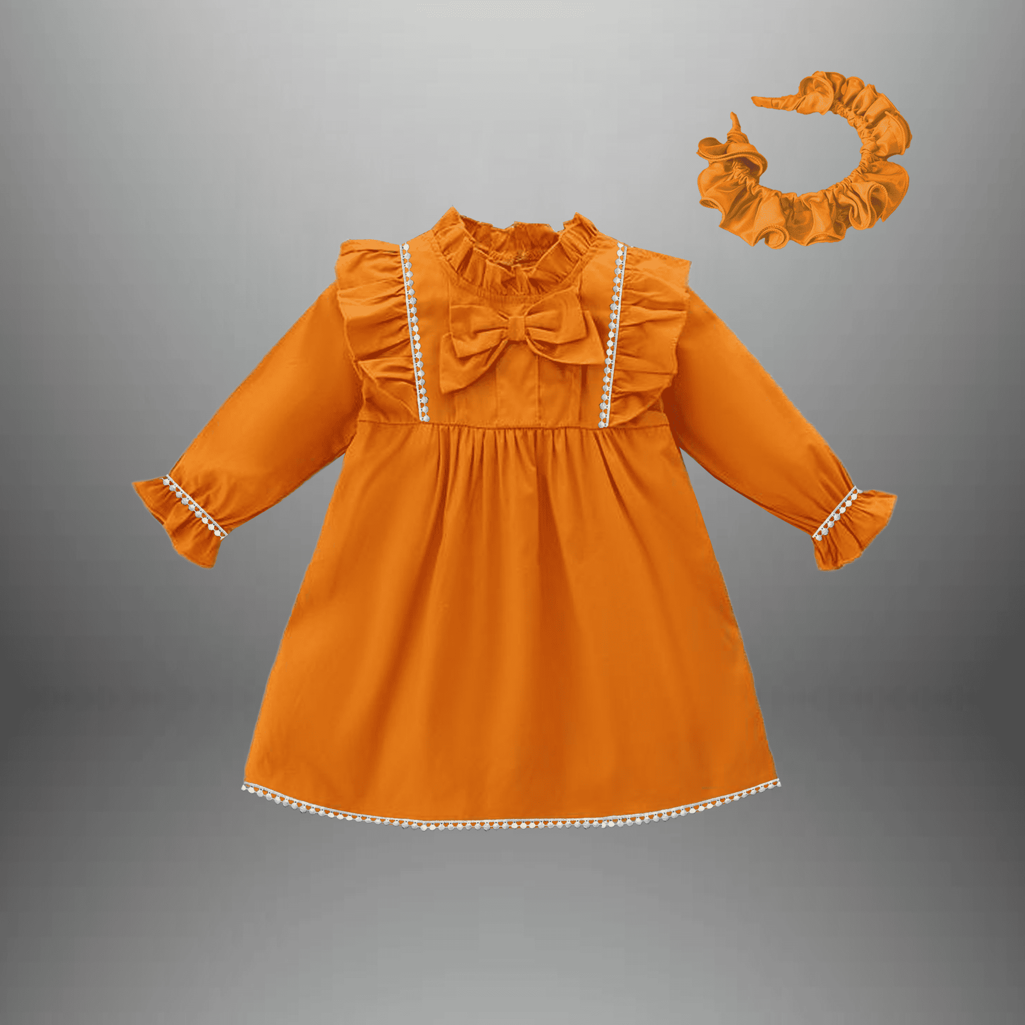 Girl's full sleeve yellow dress with a neck bow-RKFCW475