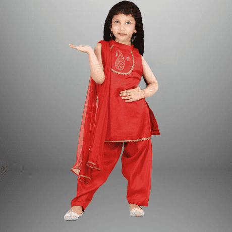 Girl's Red Cotton silk Kurti with Patiala pant and dupatta-RKFCW470