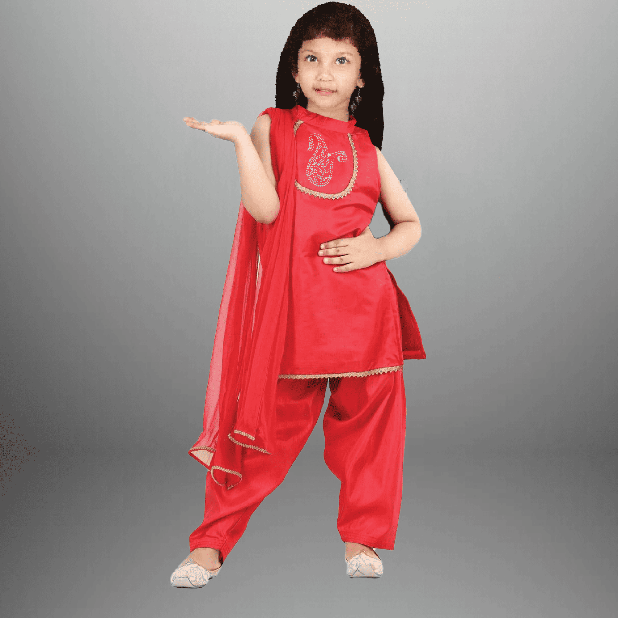 Girl's Fiery Rose pink Cotton silk Kurti with Patiala pant and dupatta-RKFCW469