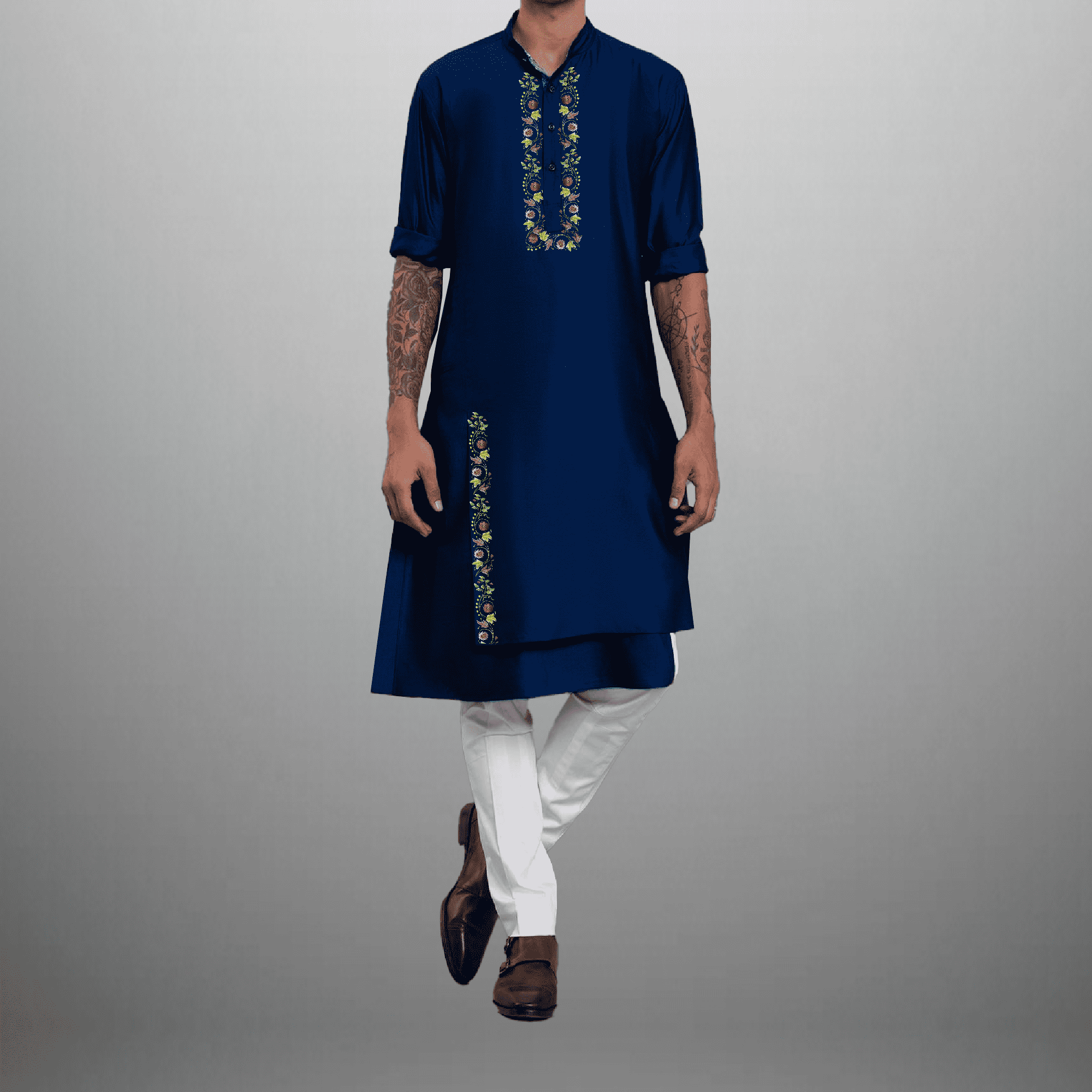 Men's Blue Asymmetric Kurta with embroidery-RMEK006