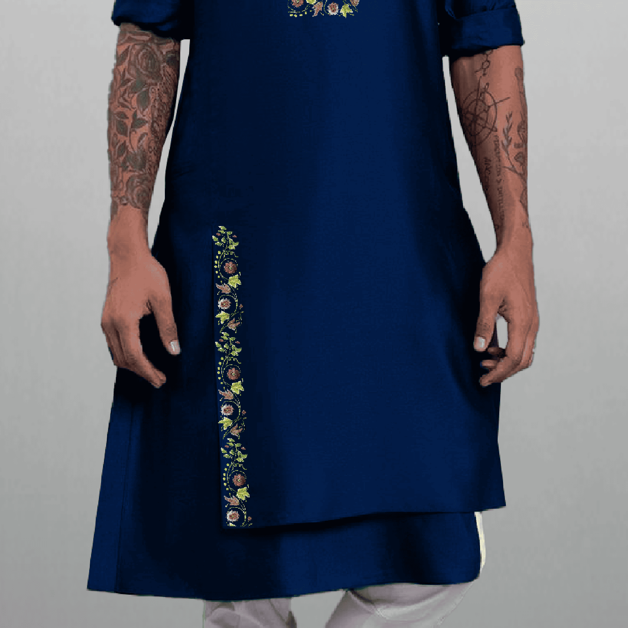 Men's Blue Asymmetric Kurta with embroidery-RMEK006