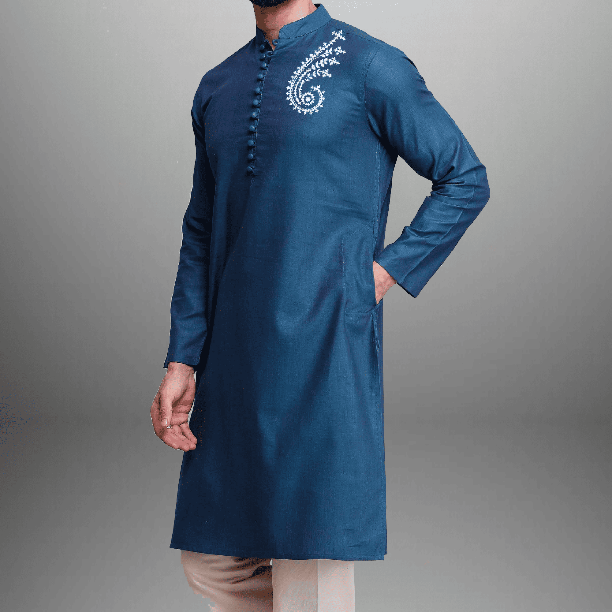 Men's Blue Kurta with embroidery work-RMEK012