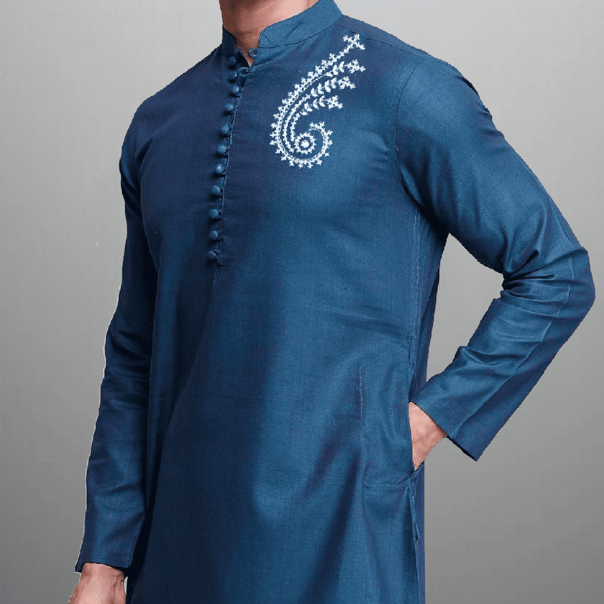 Men's Blue Kurta with embroidery work-RMEK012