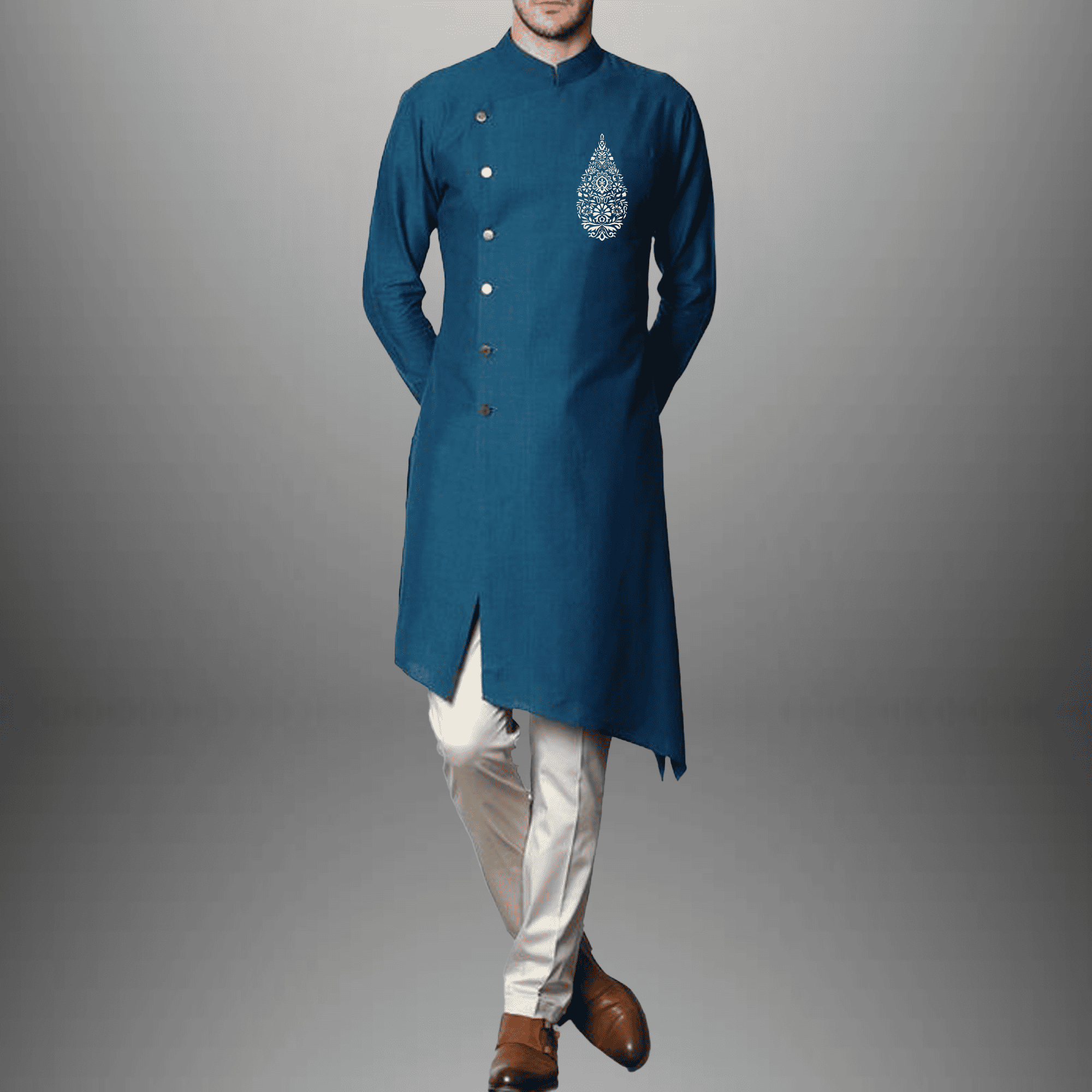 Men's set of embroidered front slit Blue Kurta with White Pajama-RMEK016