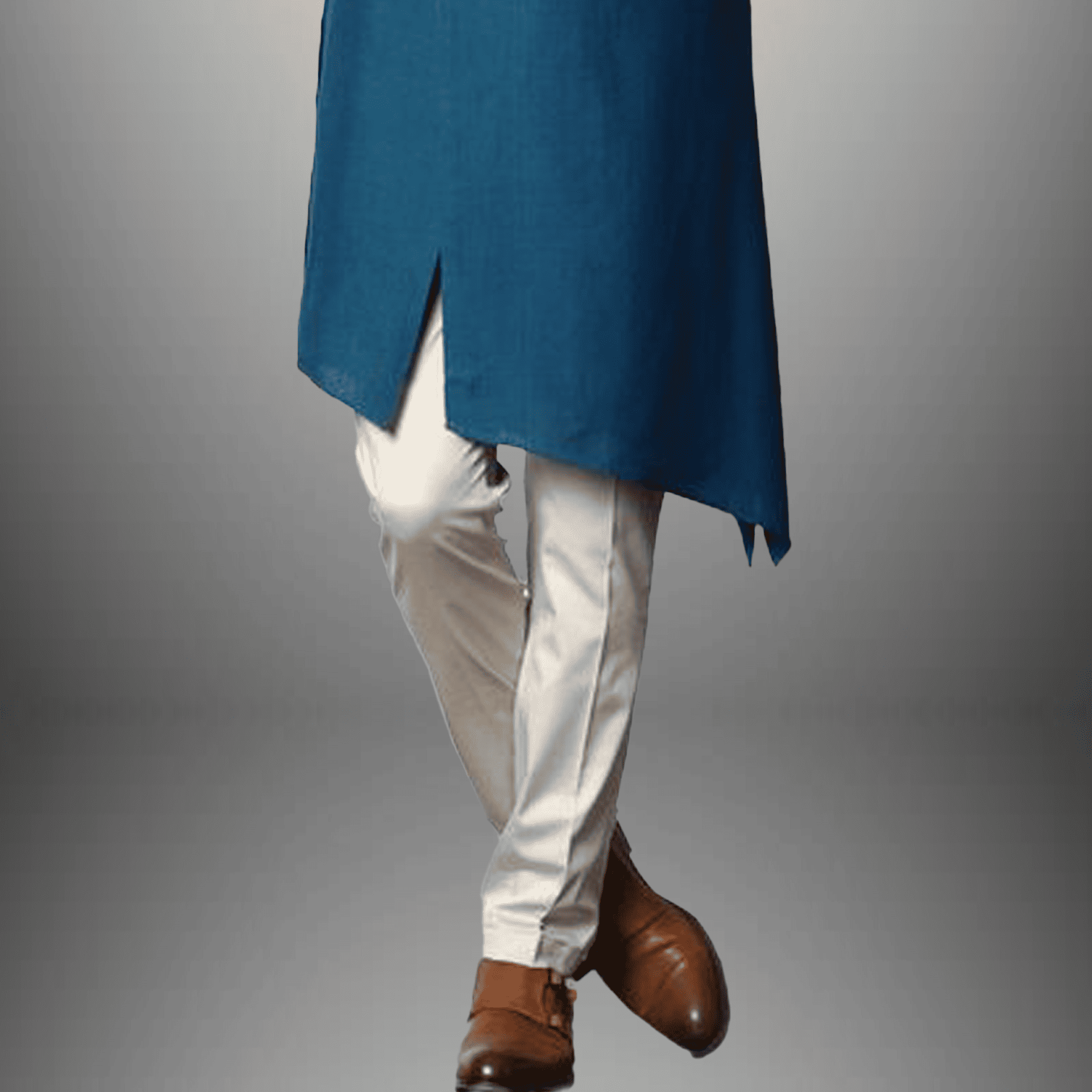 Men's set of embroidered front slit Blue Kurta with White Pajama-RMEK016