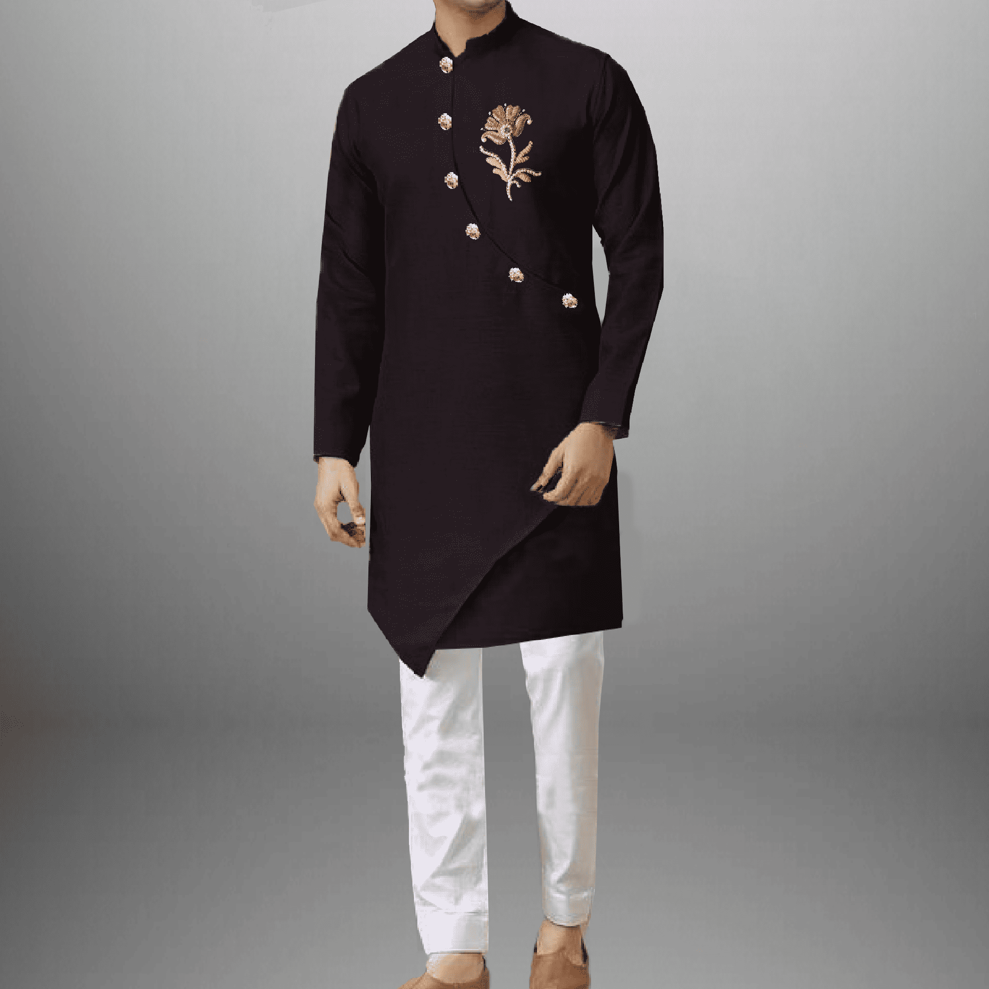 Men's Dark Blue kurta with golden buttons and embroidery work-RMEK008