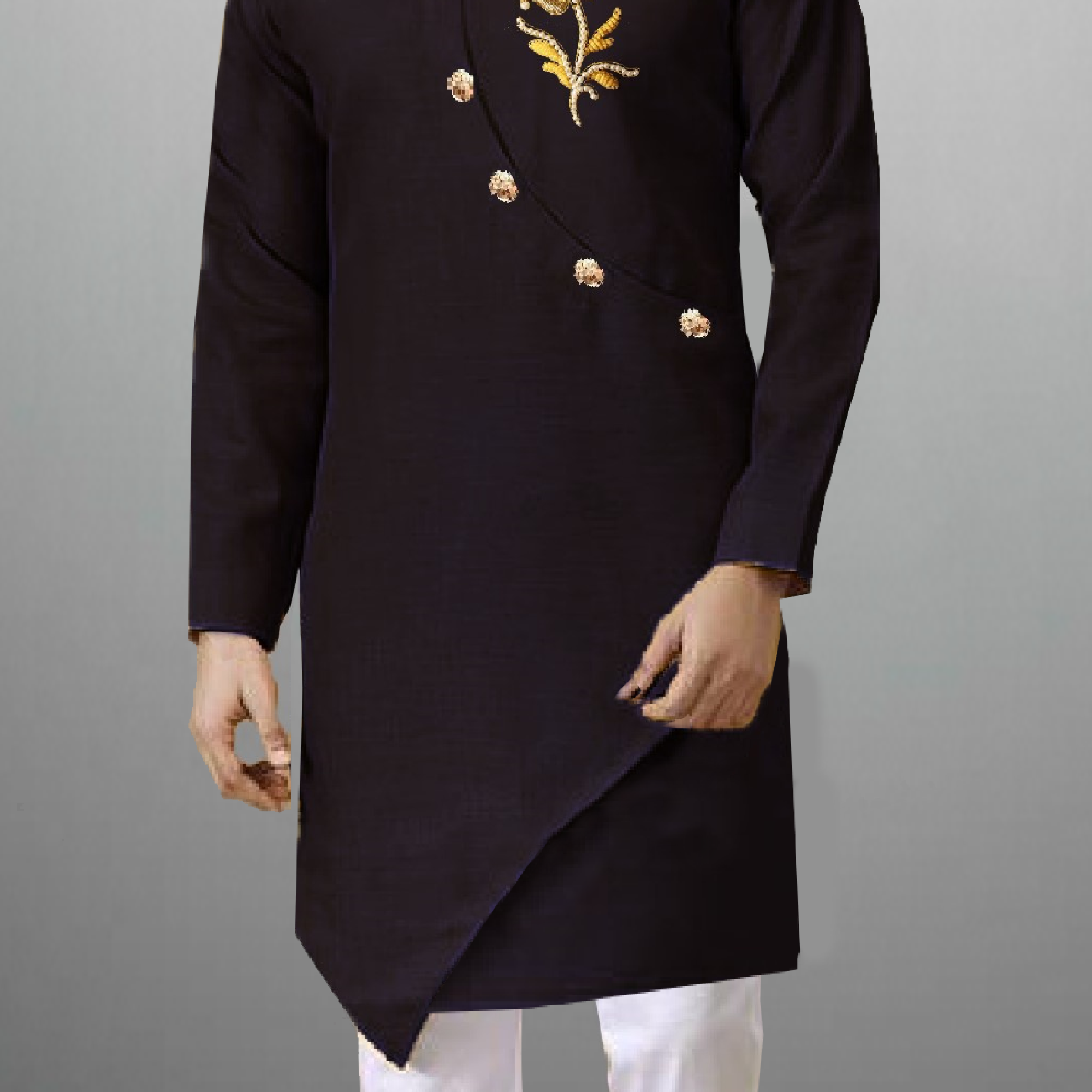 Men's Dark Blue kurta with golden buttons and embroidery work-RMEK008