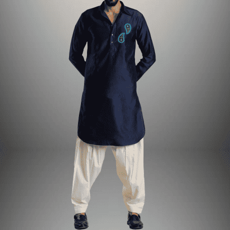 Men's pathani set of Dark Blue kurta & White Bottom-RMEK021